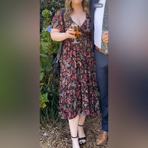 Angie Black Floral Midi Dress with Slit, Keyhole Cutout, and Flutter Sleeves